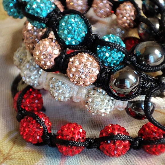 4 Adjustable White & Black Corded Rhinestone Hematite Slide Beaded Bracelets NEW - Picture 9 of 9